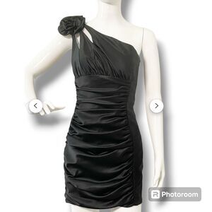 Vtg Jessica McClintock II One Shoulder Cocktail Dress-Size9-3D Flower-Ruching